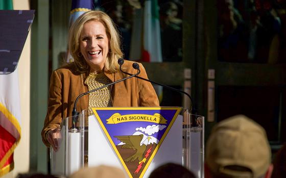 First lady Jill Biden visits Naval Air Station Sigonella in Sicily on Dec. 4, 2024. After speaking to service members and their families, she went to the tiny Sicilian village of Gesso, where her great-grandparents lived before immigrating to the U.S. 