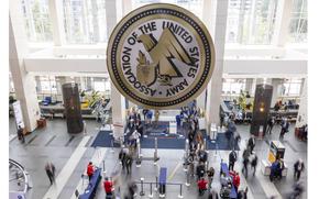 The AUSA seal is displayed over the entrance to the Walter E. Washington Convention Center during day two of the Association of the United States Army (AUSA) annual meeting, Tuesday, Oct. 15, 2024 in Washington. (Eric Kayne/Stars and Stripes)