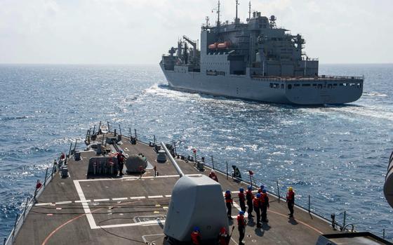 Guided-missile destroyer USS Paul Hamilton approaches dry cargo and ...