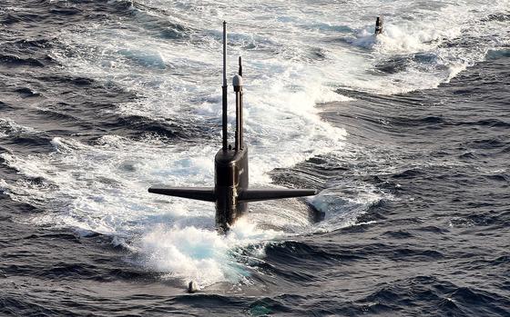 The Los Angeles-class attack submarine USS Helena transits the Atlantic Ocean in March 2016.