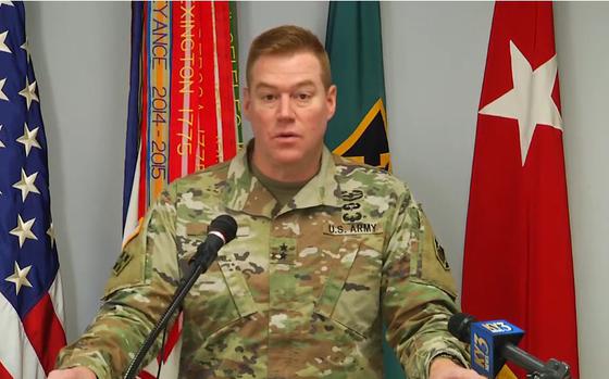 Maj. Gen. Christopher Beck, commander of the Maneuver Support Center of Excellence and Fort Leonard Wood, speaks at a news conference Thursday, Oct. 24, 2024.