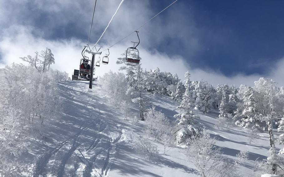 The top lift at Kagura ski area in Niigata prefecture, Japan, shown on Jan. 18, 2024, provides access to a couple of vast powder bowls that include open hillsides and tree runs. 