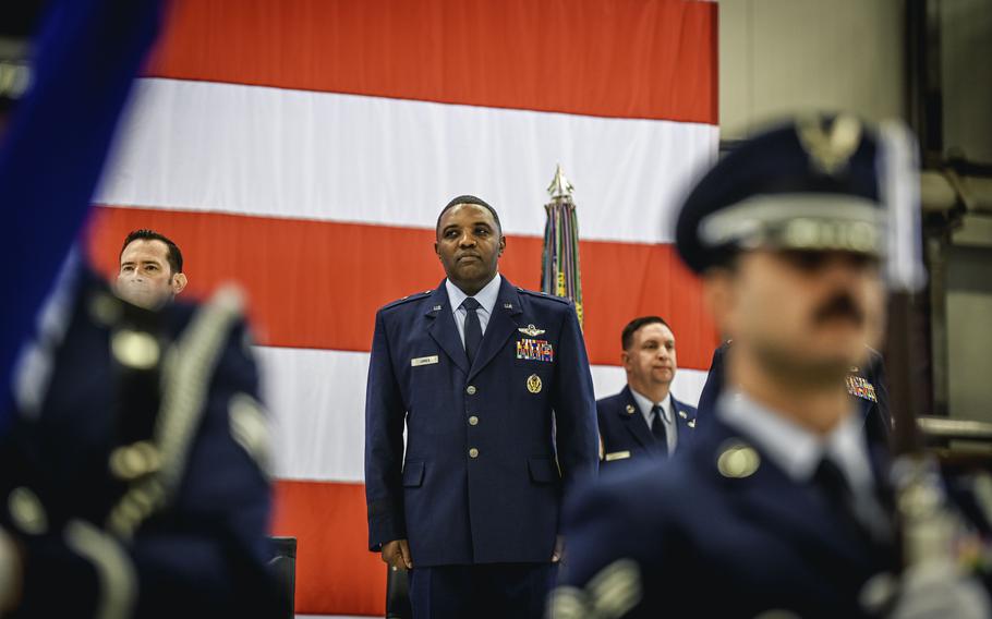 Brig. Gen. Otis C. Jones, outgoing commander of the 86th Airlift Wing, stands during the presentation of the colors before his change of command May 17, 2024, at Ramstein Air Base, Germany. Jones is a command pilot with more than 3,100 flight hours of experience.