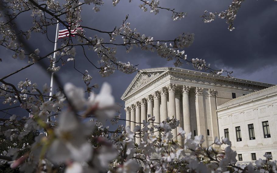 A cherry tree in bloom near the U.S. Supreme Court in Washington, D.C. Democratic lawmakers are calling for an investigation of Justice Clarence Thomas after ProPublica revealed that he did not report real estate deals.