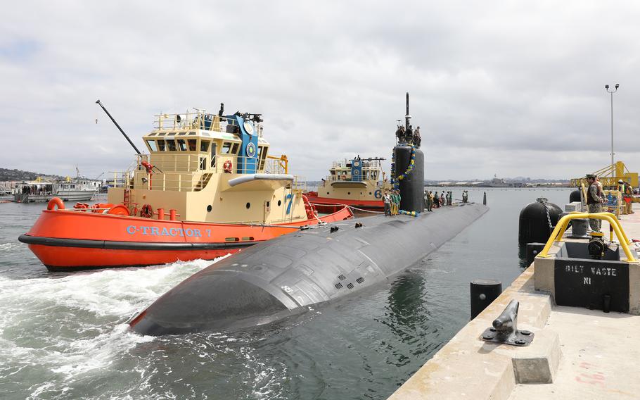 The Los-Angeles class fast-attack submarine USS Greeneville (SSN 772) arrives at its new homeport at Naval Base Point Loma, May 20, 2024.