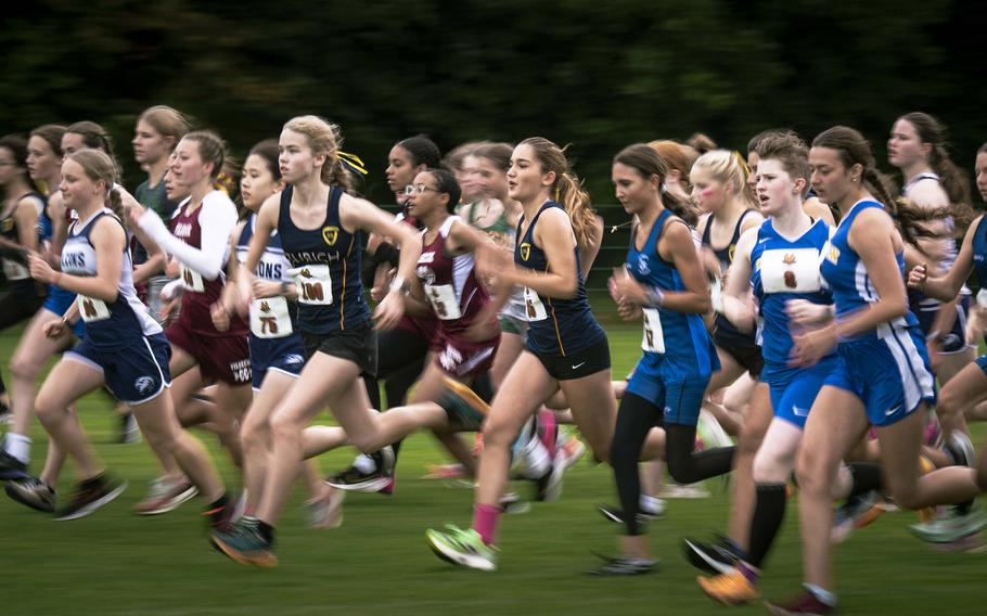 More than 80 female runners from eleven schools from across Germany, Netherlands, Switzerland, and Belgium, begin their 5,000-meter race in Vilseck, Sept. 14, 2024.