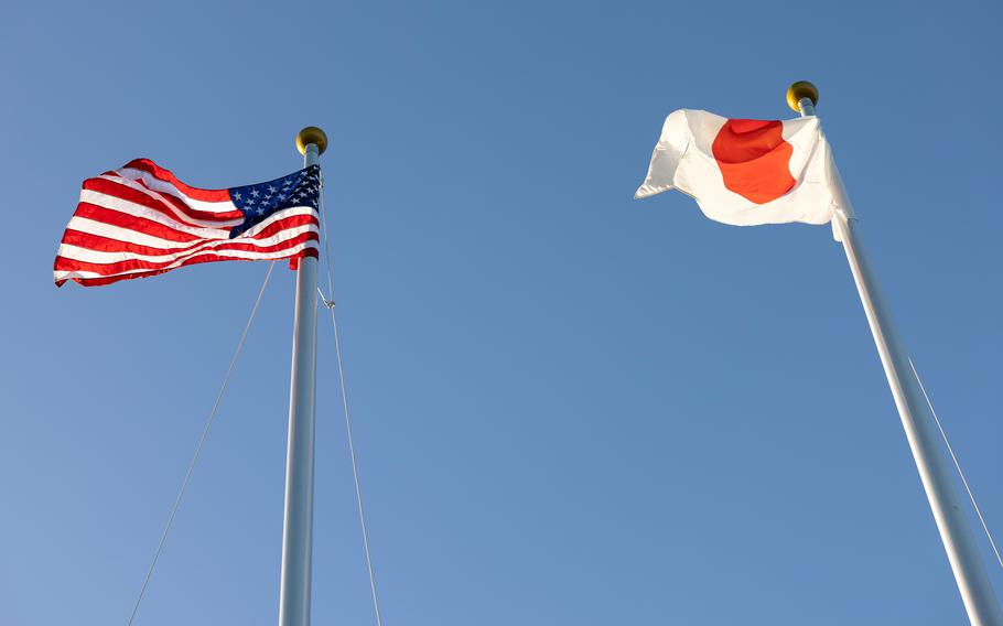 American and Japanese flags fly together during joint training on Ishigaki Island, Okinawa, in October 2023. 