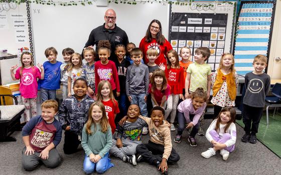 First and second grade students help fill bags of donated Halloween candy for Treats for Troops on Wednesday, Nov. 20, 2024 at Myers Elementary School in Grand Blanc. Students filled 1,100 bags of candy to send to American soldiers currently serving abroad.