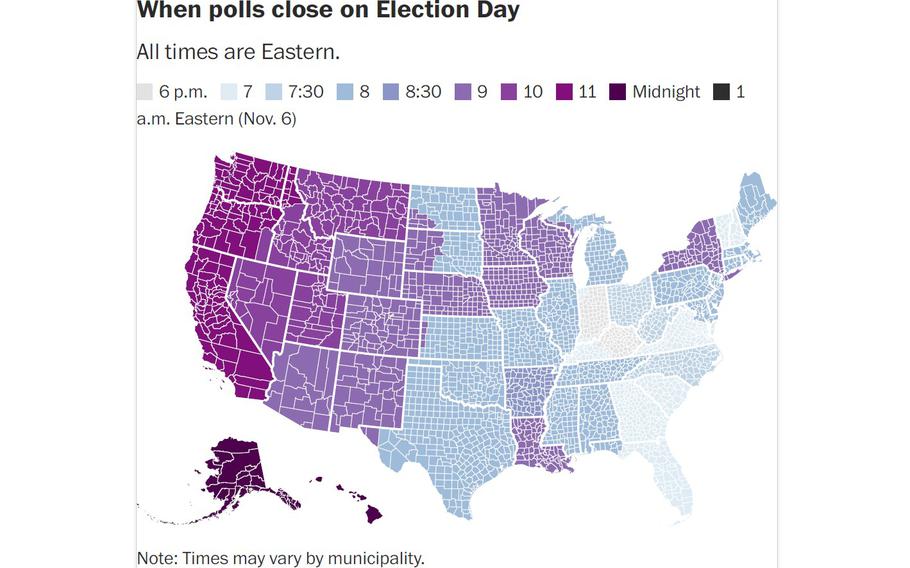 A map of the U.S. with color coding to show when polling closes in each state.