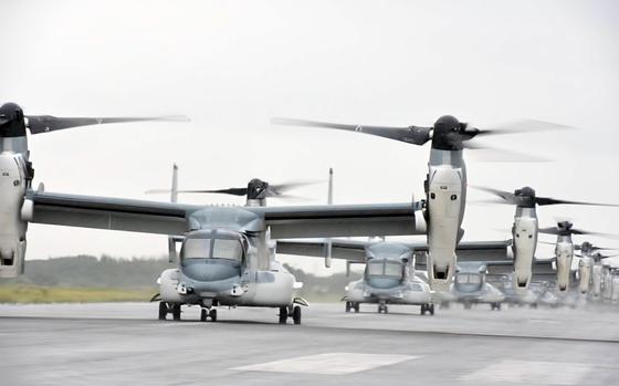 Japanese V-22 Ospreys take part in an elephant walk at Camp Kisarazu in Chiba prefecture, Japan, Oct. 5, 2024.