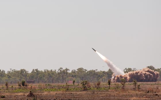 U.S. Soldiers from 1st Battalion, 3rd Field Artillery Regiment, 17th Field Artillery Brigade launch the Army Tactical Missile System (ATACMS) from the M142 High Mobility Artillery Rocket System (HIMARS) in Delamere, Northern Territory, Australia in support of Talisman Sabre 2023 on July 27, 2023. Talisman Sabre is the largest bilateral military exercise between Australia and the United States advancing a free and open Indo-Pacific by strengthening relationships and interoperability among key allies and enhancing our collective capabilities to respond to a wide array of potential security concerns. (U.S. Army photo by Sgt. 1st Class Andrew Dickson)