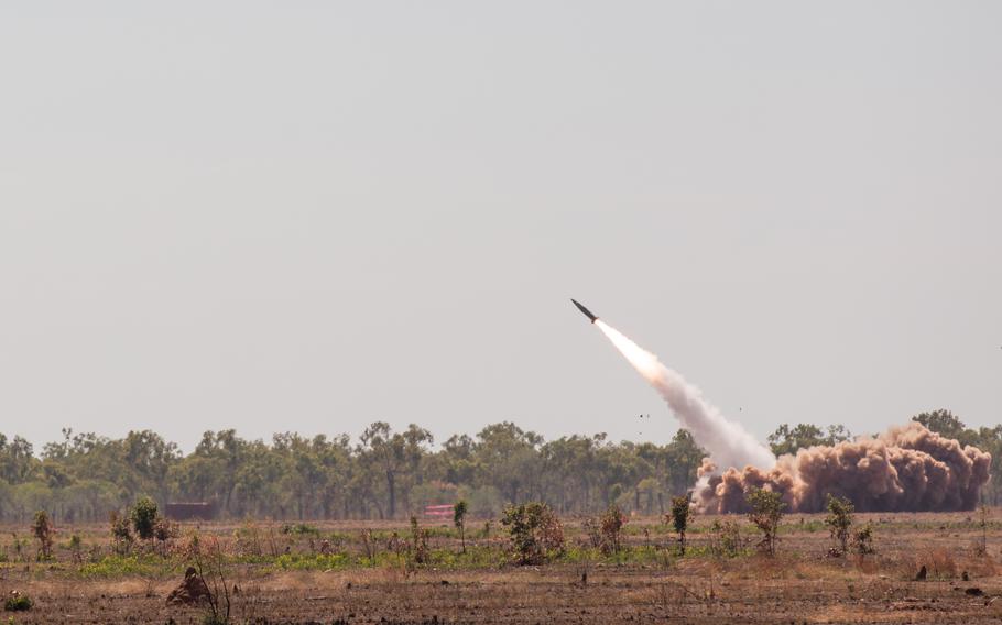 U.S. soldiers launch the Army Tactical Missile System (ATACMS) from the M142 High Mobility Artillery Rocket System (HIMARS).