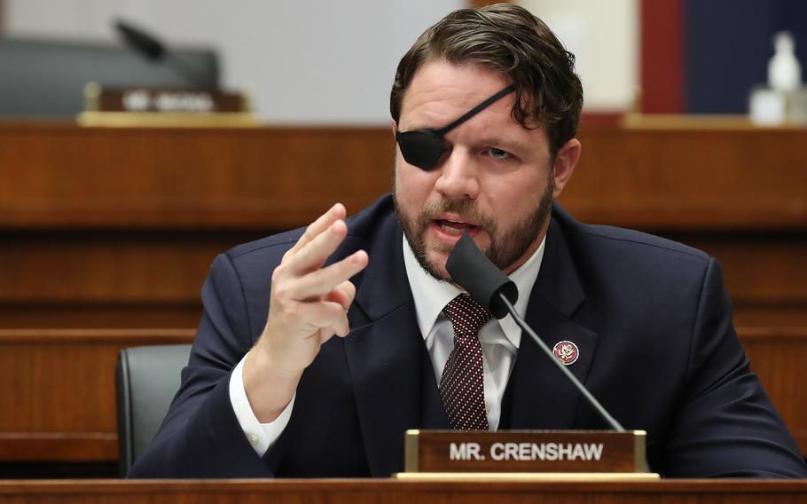 Rep. Dan Crenshaw, R-Texas, questions witnesses during a House Homeland Security Committee hearing on Capitol Hill on Sept.17, 2020, in Washington, D.C. Crenshaw has joined Rep. Alexandria Ocasio-Cortez in a legislative effort in hopes of letting troops take psychedelic drugs to recover from war.