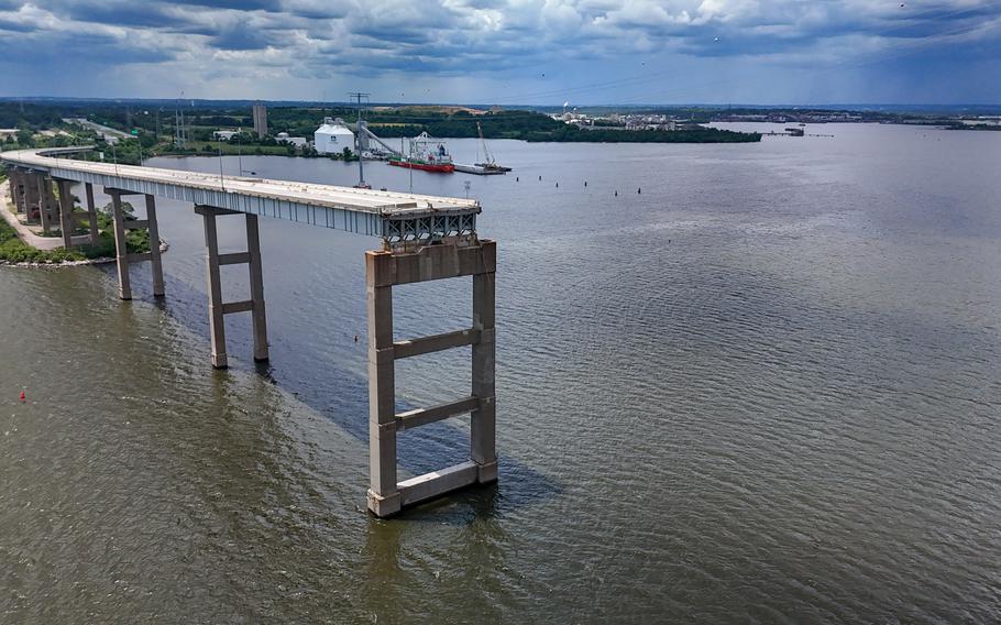 The ramp to the Francis Scott Key Bridge is seen on the southwest side of the Patapsco River two months after the catastrophic bridge collapse. 