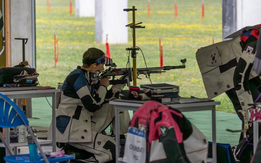 Army Sgt. Sagen Maddalena of the United States competes in the 50m rifle 3 positions women’s qualification round at the 2024 Summer Olympics, Thursday, Aug. 1, 2024, in Chateauroux, France. 