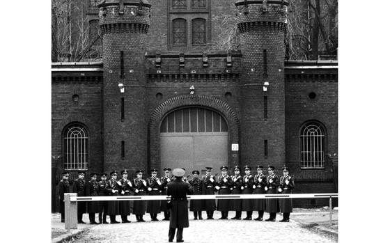 Berlin, April 1, 1987:  Soviet guards pose for a photo as they prepare to end their tour of duty at Spandau Prison. For the past 21 years, the prison's sole occupant was loopy Hitler henchman Rudolf Hess; the task of guarding him was rotated among troops from the U.S., France, England and the Soviet Union on a monthly basis. After Hess' death later in 1987, the facility was torn down.