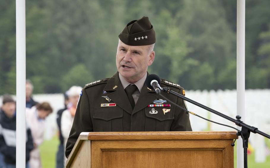 Gen. Christopher Cavoli, NATO supreme allied commander Europe, speaks at a Memorial Day ceremony at Ardennes American Cemetery in Neupré, Belgium, on May 25, 2024.