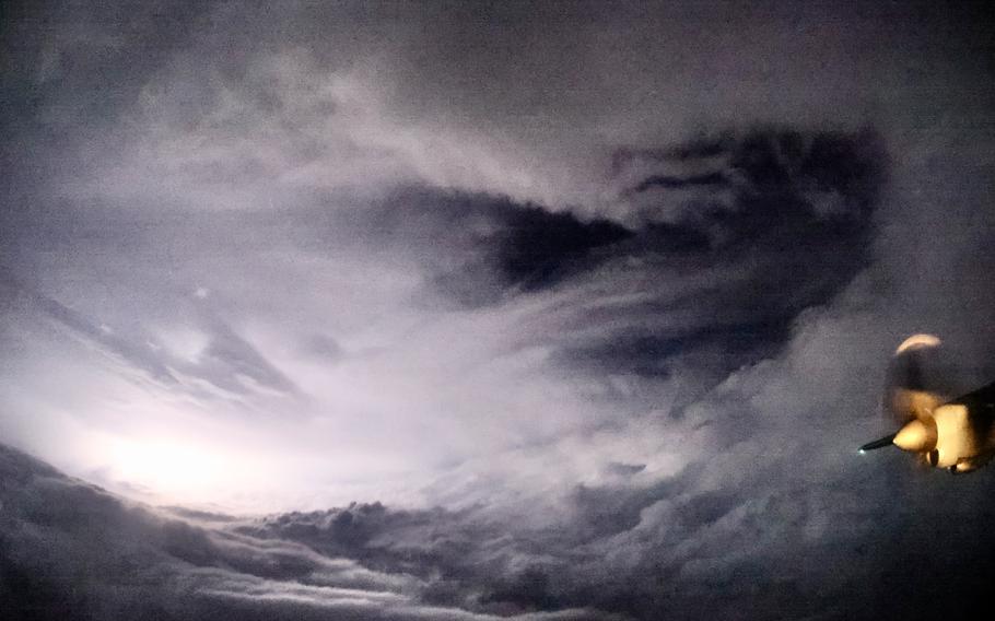 Gathering clouds in the sky as the Hurricane Hunters fly through Hurricane Helene.