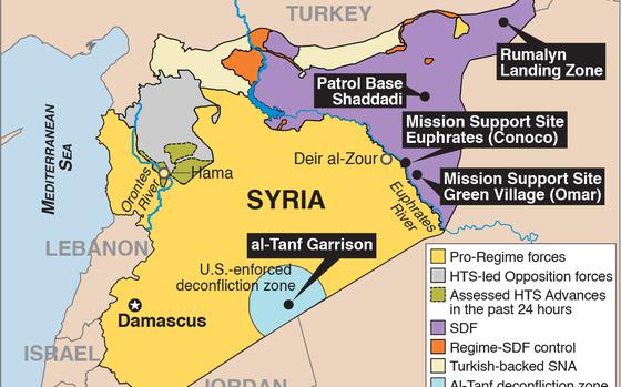 Zones of control in Syria as of Dec. 5, 2024. In the west, Hayat Tahrir al-Sham was made rapid advances into areas once controlled by the Assad regime. Several areas are contested between the regime and U.S. backed Syrian Democratic Forces.