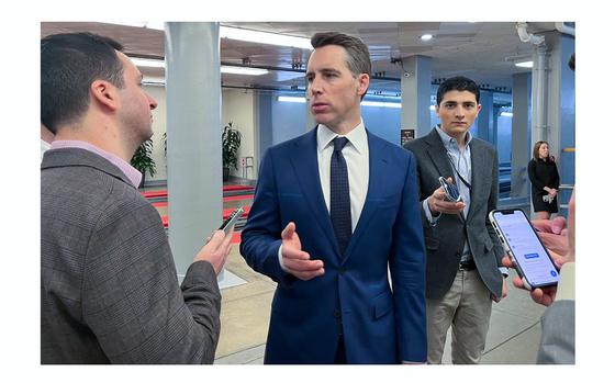 U.S. Sen. Josh Hawley, R-Mo., answers questions in the basement of the U.S. Capitol in Washington, D.C. 