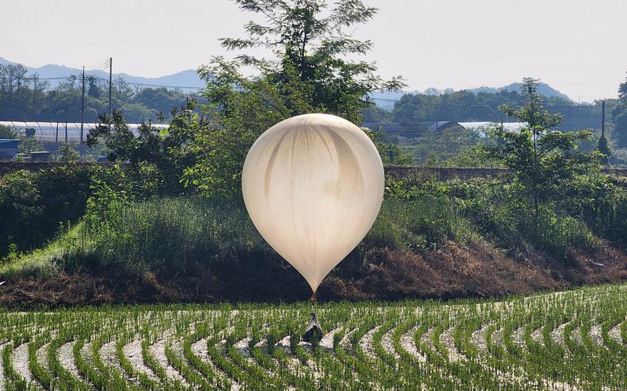 A balloon believed to have been sent by North Korea, carrying various objects including what appeared to be trash and excrement, is seen over a rice field at Cheorwon, South Korea, May 29, 2024.