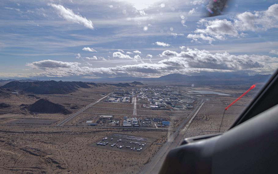 An aerial view of the Marine Corps Air Ground Combat Center at Twentynine Palms, Calif., in January 2023.
