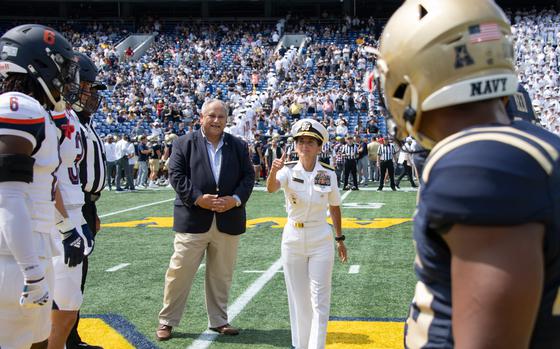 ANNAPOLIS, Md. (Aug. 31, 2024) Secretary of the Navy The Honorable Carlos Del Toro and U.S. Naval Academy Vice Adm. Yvette Davids participate in the coin toss to kick off the first home football game of the 2024 season against Bucknell University at the Navy-Marine Corps Memorial Stadium. As the undergraduate college of our country’s naval service, the Naval Academy prepares young men and women to become professional officers of competence, character, and compassion in the U.S. Navy and Marine Corps. (U.S. Navy photo by Stacy Godfrey)