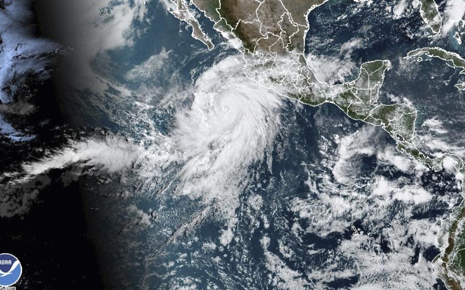 This satellite image taken at 10:50am ET on Thursday, Aug. 17, 2023, shows Hurricane Hilary off the Pacific coast of Mexico.
