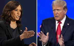 In this combination photo, Democratic vice presidential candidate Sen. Kamala Harris, D-Calif., speaks during a debate, Oct. 7, 2020, in Salt Lake City, left, and Republican presidential candidate former President Donald Trump speaks during a debate, June 27, 2024, in Atlanta.