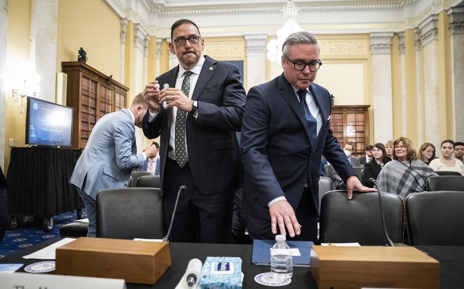 Adrian Fontes, left, Arizona's secretary of state, and Al Schmidt, Pennsylvania's secretary of state, arrive for a 2023 Senate hearing on ongoing threats to election administration.