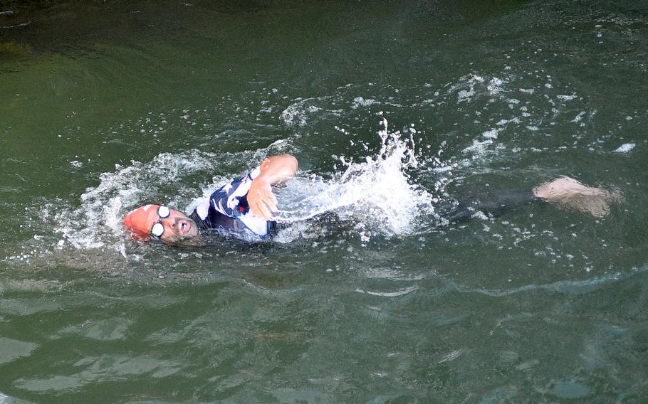 Army Ranger and Golden Knight veteran Howie Sanborn swims in the River Seine on Sept. 2, 2024, during the men’s PTWC triathlon at the 2024 Paralympic Games in Paris. Sanborn finished ninth after a crash during the running portion.