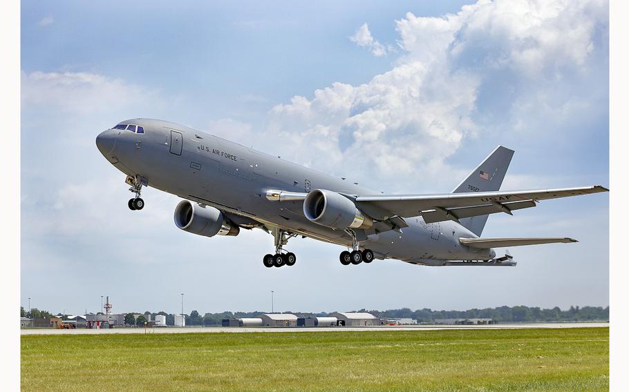 A KC-46A Pegasus departs Selfridge Air National Guard Base, Michigan, on July 30, 2021. According to reports on June 27, 2024, Ohio congressional members are the Air Force to make Rickenbacker Air National Guard Base in Columbus the next main operating base for the KC-46 aerial tanker.