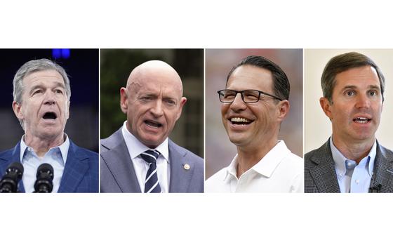 This composite left to right, shows North Carolina Gov. Roy Cooper, June 28, 2024, in Raleigh, N.C., Sen. Mark Kelly, D-Ariz., June 4, 2024, in Washington, Pennsylvania Gov. Josh Shapiro, July 20, 2024, in Pittsburgh, and Kentucky Gov. Andy Beshear in Frankfort, Ky., July 22, 2024.