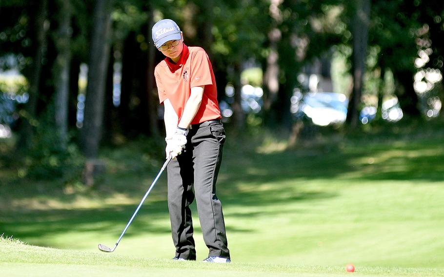 Kaiserslautern golfer Dallas Wassum follows her shot on the green on Woodlawn Golf Course's No. 3 hole on Sept. 28, 2023, on Ramstein Air Base, Germany.