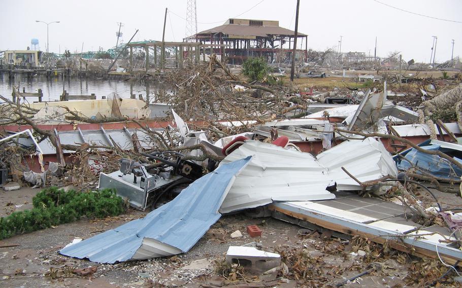 A photo showing the damage Hurricane Katrina did to Coast Guard Station Gulfport in Mississippi