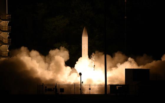 A hypersonic glide body launches from the Pacific Missile Range Facility in Kauai, Hawaii, March 19, 2020, during a Department of Defense flight experiment. 