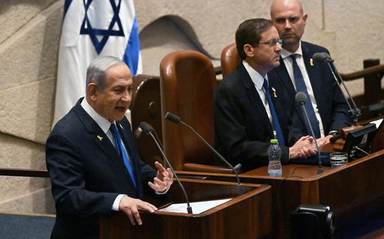 Israeli Prime Minister Benjamin Netanyahu speaks at the opening of the 25th Parliament session in Jerusalem on Oct. 28, 2024. (Debbie Hill/Pool/AFP/Getty Images/TNS)