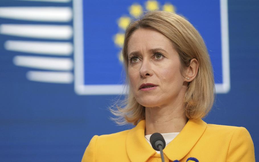 European Union foreign policy chief Kaja Kallas speaks during a media conference after a meeting of EU foreign ministers in Brussels, Monday, Feb. 24, 2025. 