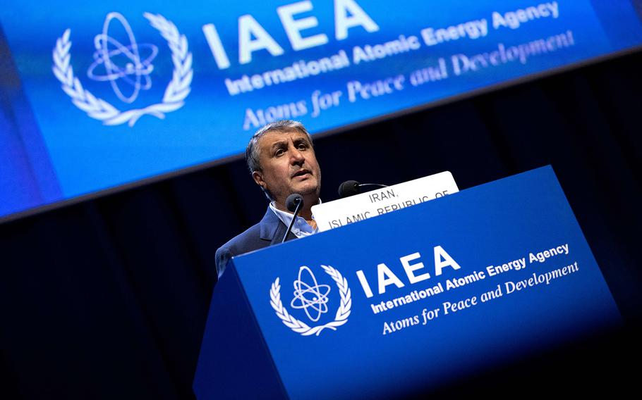 Iran’s nuclear chief Mohammad Eslami speaks during the General Conference of the International Atomic Energy Agency