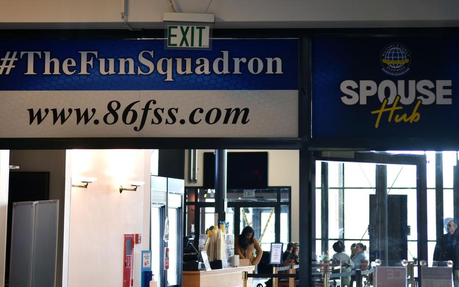 The entrance to the the Military Family Readiness Center at Ramstein Air Base, Germany, with a prominent sign denoting the spouse hub.