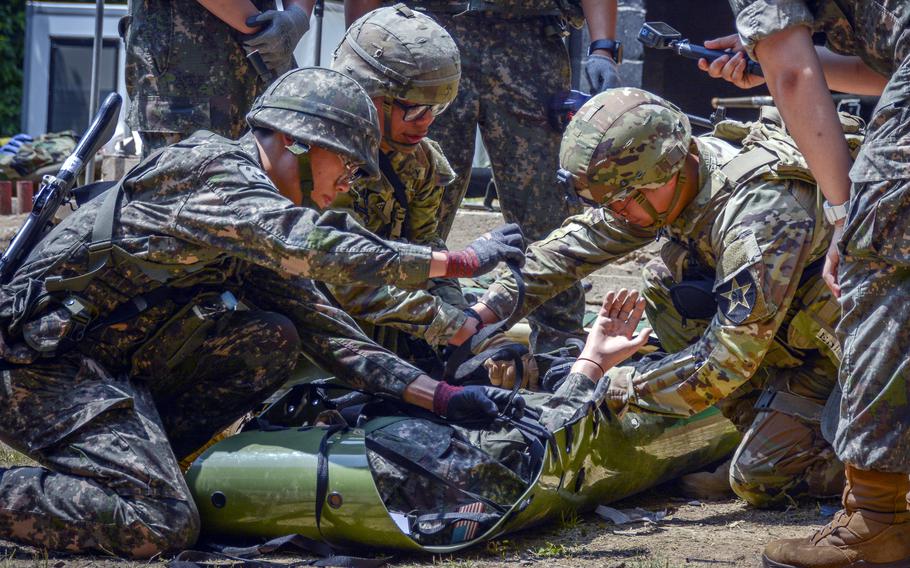 U.S. and South Korea medics test their ability to treat victims of chemical, biological, radiological and nuclear attacks at Jundae, a South Korean military base in Daejon city, May 29, 2024.