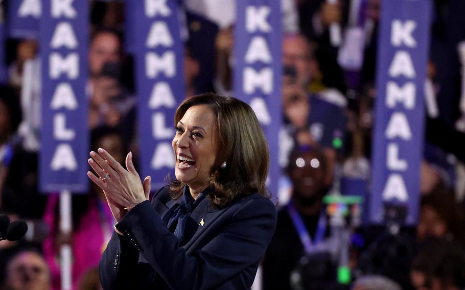 Democratic presidential nominee Vice President Kamala Harris appears on stage on Aug. 22, 2024, during the Democratic National Convention at the United Center.