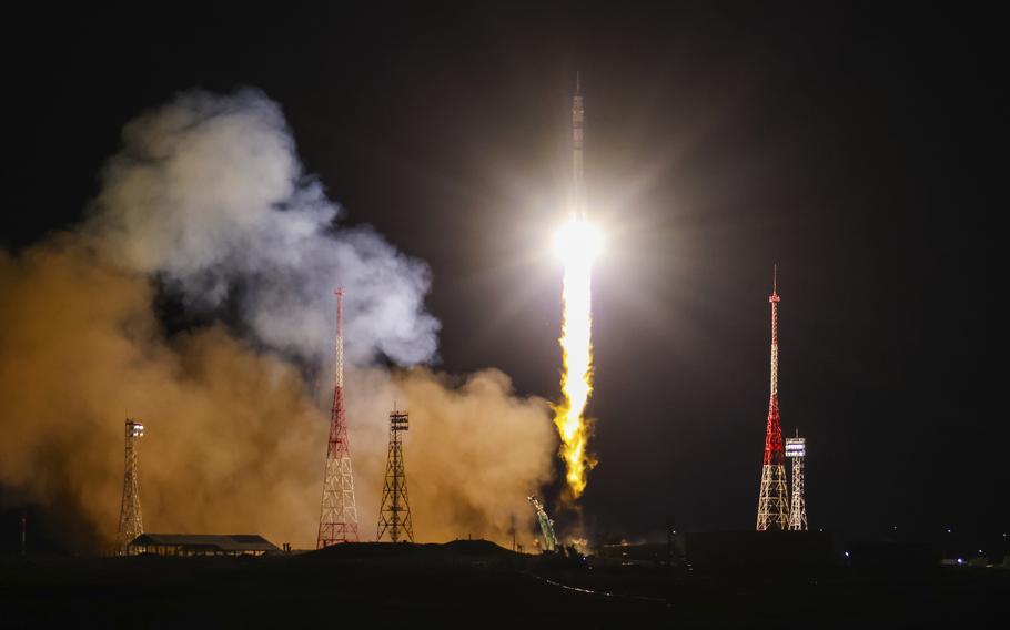 In this photo released by Roscosmos space corporation, the Soyuz-2.1 rocket booster with Soyuz MS-26 space ship carrying Roscosmos cosmonauts Alexey Ovchinin, Ivan Vagner and NASA astronaut Don Pettit, a new crew to the International Space Station, ISS, blasts off in the Russian leased Baikonur cosmodrome, Kazakhstan, Wednesday, Sept. 11, 2024. 