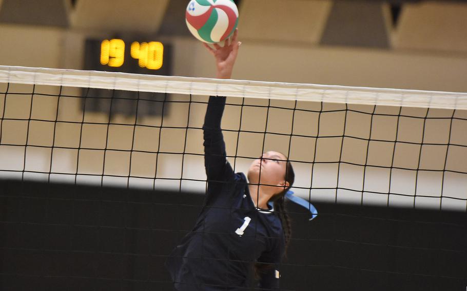 Black Forest Academy's Xofia Wood gets the ball over the net Friday, Sept. 13, 2024, against Naples in Vicenza, Italy.