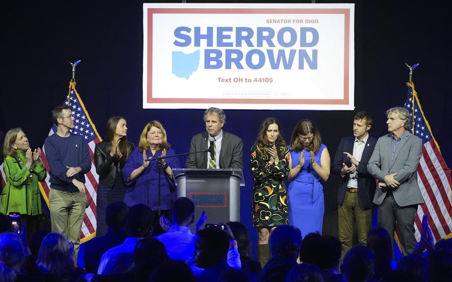 Democratic Ohio Sen. Sherrod Brown speaks at a podium during an election night watch party. 