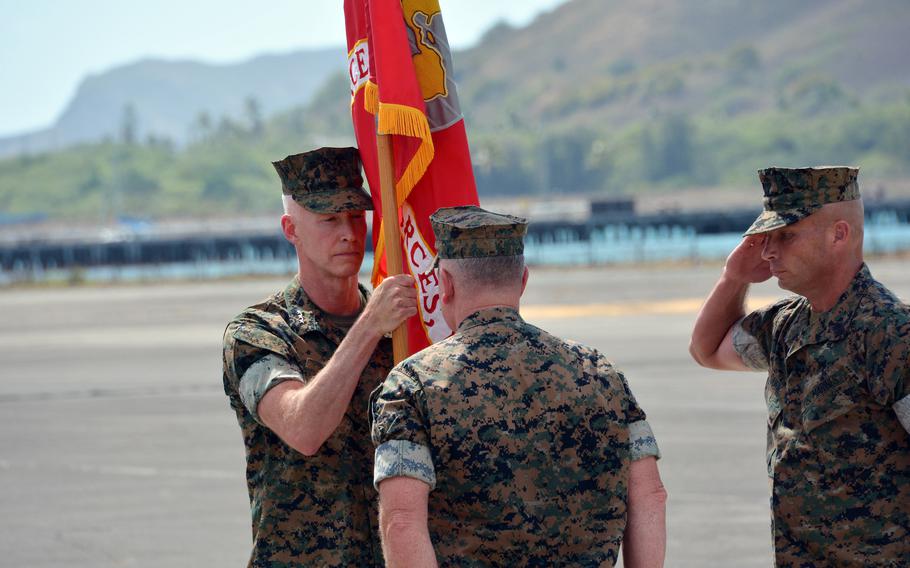 Lt. Gen. James Glynn, left, assumes command of Marine Corps Forces Pacific from Lt. Gen. William Jurney, center, at Marine Corps Base Hawaii, Thursday, Sept. 12, 2024.