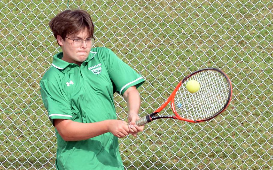 When he's not playing tennis for Kubasaki, sophomore Cam Fisk swings for the fences on the baseball diamond, as does his senior brother Jacy and cousin Maddux of Kadena's tennis team.