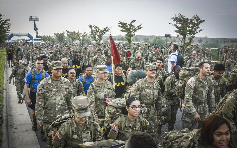 Soldiers march in remembrance of the 9/11 attack victims at Camp Humphreys, South Korea, Wednesday, Sept. 11, 2024. 