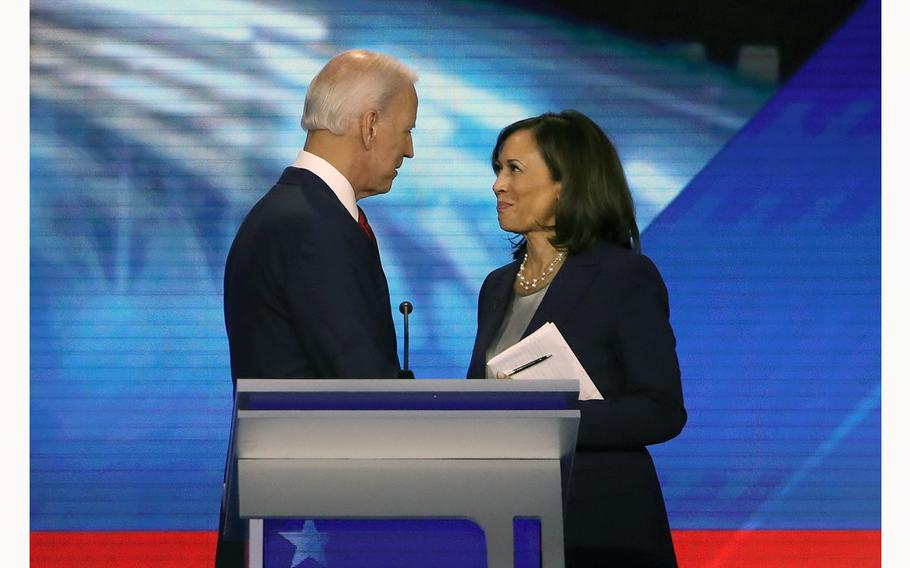 Then-Democratic presidential candidates former Vice President Joe Biden and then-Sen. Kamala Harris speak after the Democratic Presidential Debate on Sept. 12, 2019, in Houston, Texas.