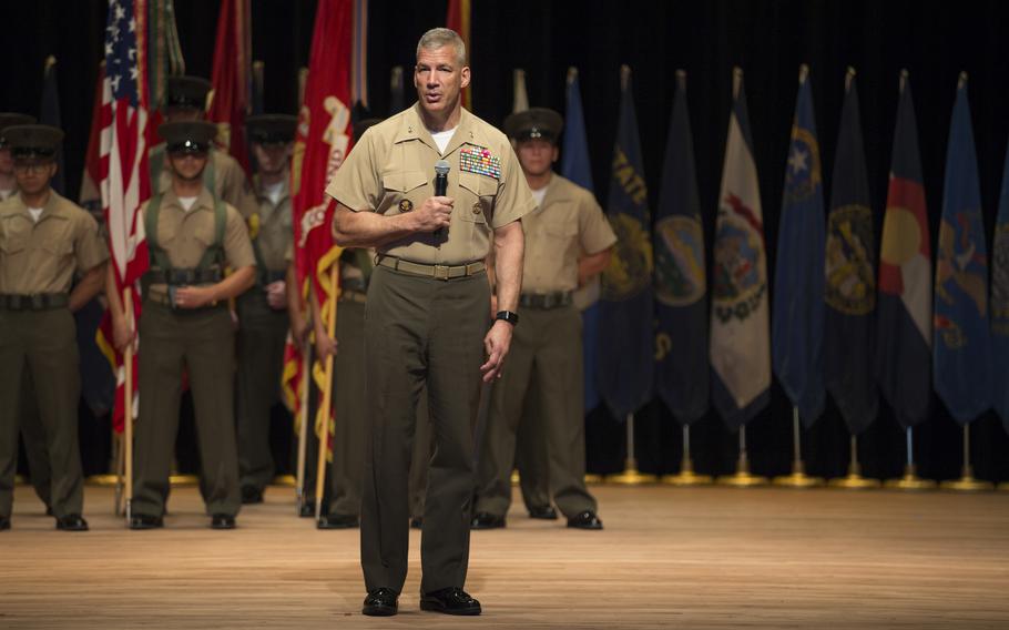 U.S. Marine Corps Maj. Gen. William F. Mullen gives his remarks at Warner Hall on Marine Corps Base Quantico, Va., June 29, 2018. 